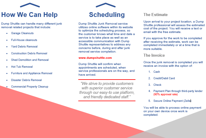 Junk removal in Fort Worth Texas with Dump Shuttle. Dump shuttle provides junk removal services for commercial and residential clients. Services include hot tub removal, shed demolition, deck demolition, appliance removal, garage cleanouts, construction debris removal, disaster debris removal, full house clean-out, commercial property clean out, renovation debris removal, shingle debris removal, mattress removal, nonhazardous solid waste removal, yard debris removal, yard waste removal, scrap metal removal, brush removal, landscaping debris removal and hauling, recycling, donation item drop-off, in the DFW.